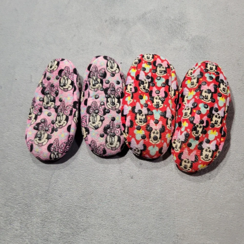 Disney Slipper Socks Girls Toddler Pink Red Minnie Mouse Fleece Non-Slip 2 Pairs